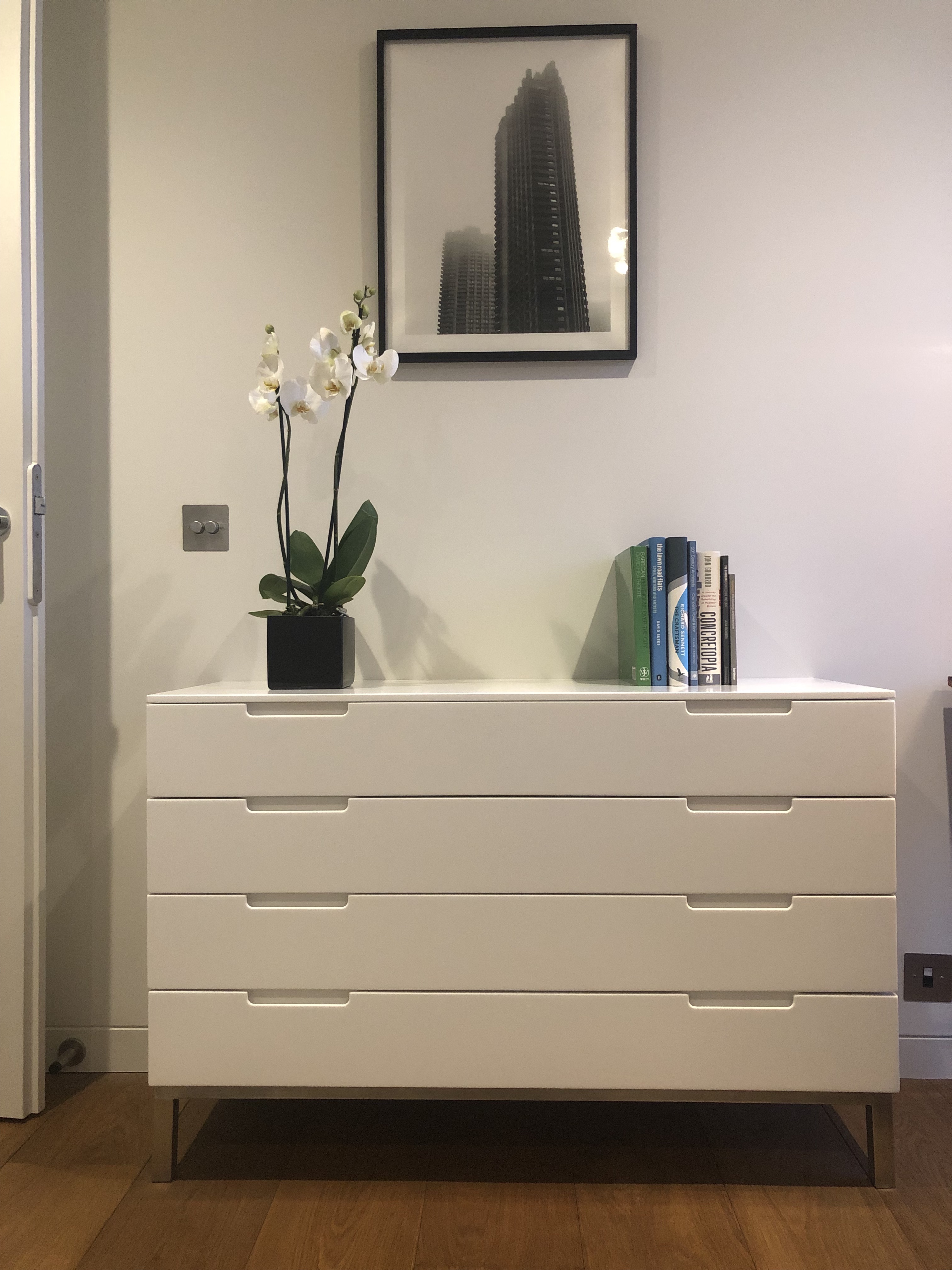 white drawer unit front on